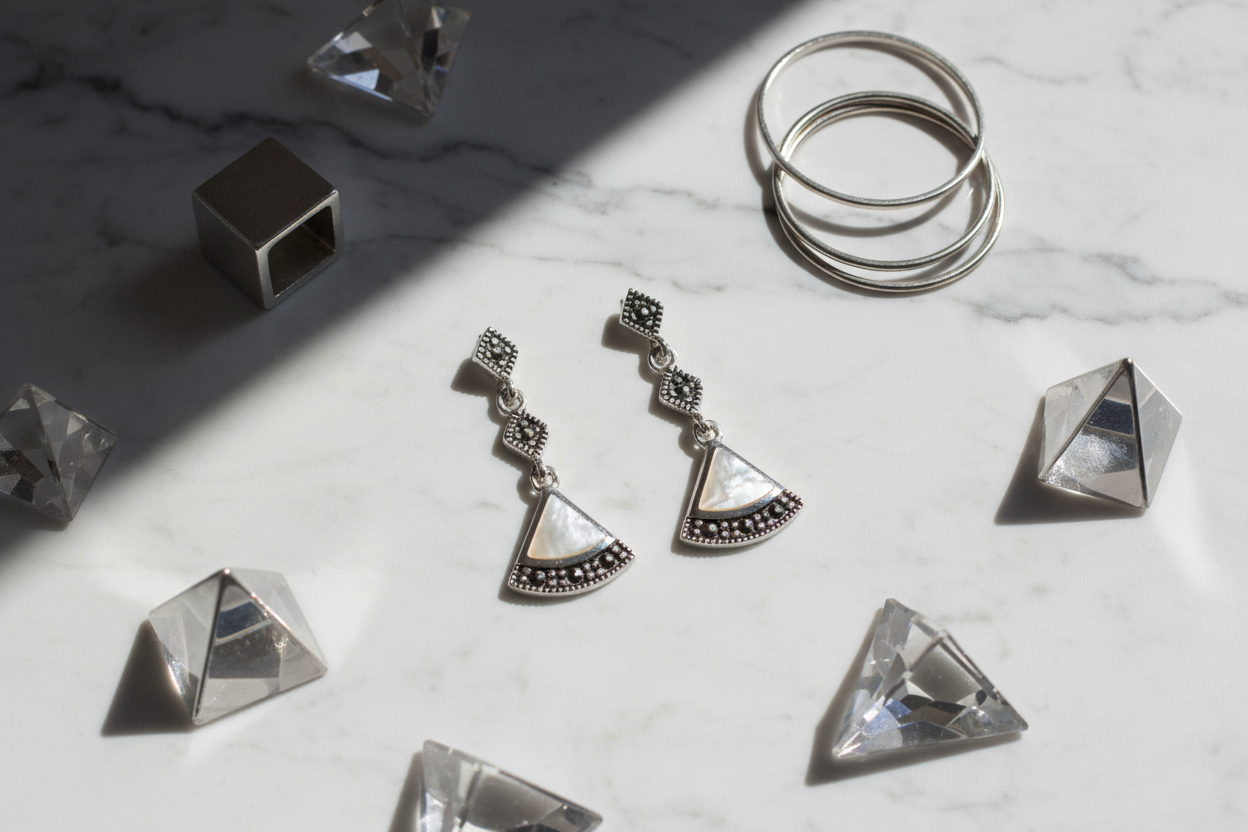 Art Deco marcasite pearl earrings flat - geometric: marble, silver accessories, dramatic light