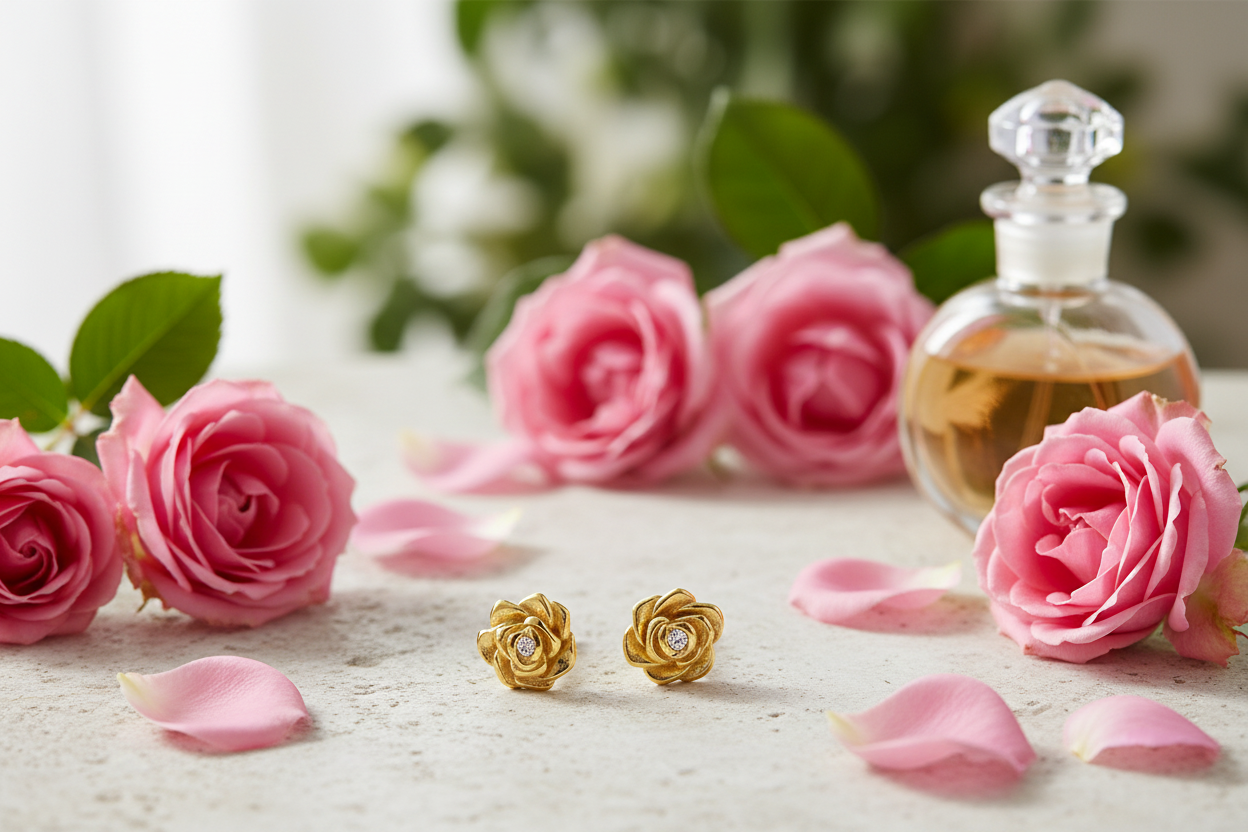 Gold rose earrings - romantic garden: pink roses, petals, perfume