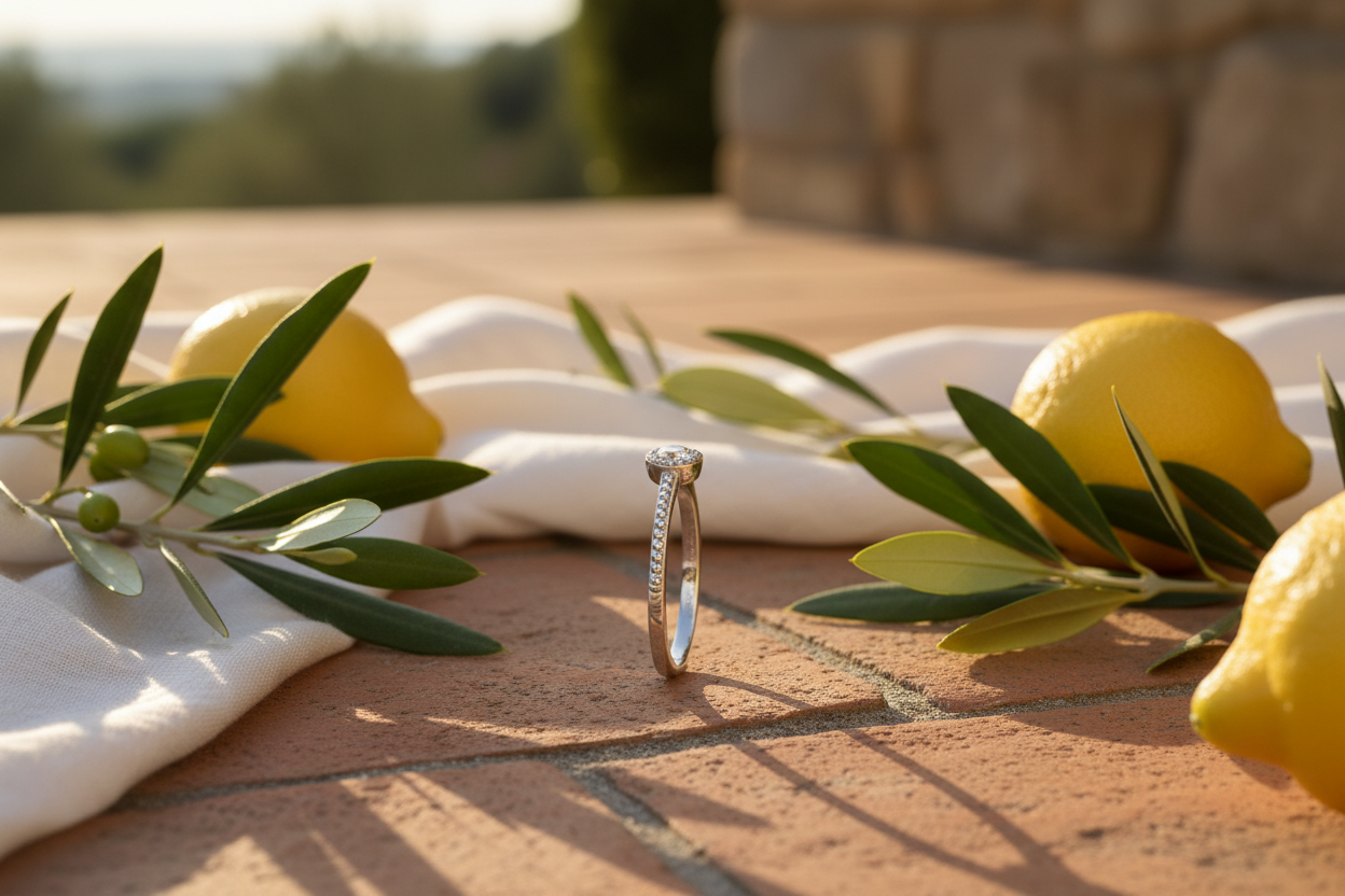 Halo ring standing - Mediterranean: olive branches, terracotta, lemons, linen