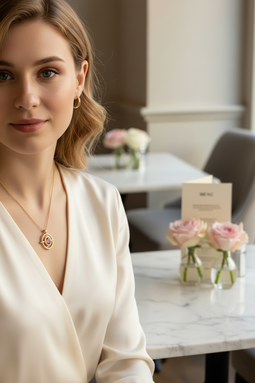 Model wearing necklace - closer view