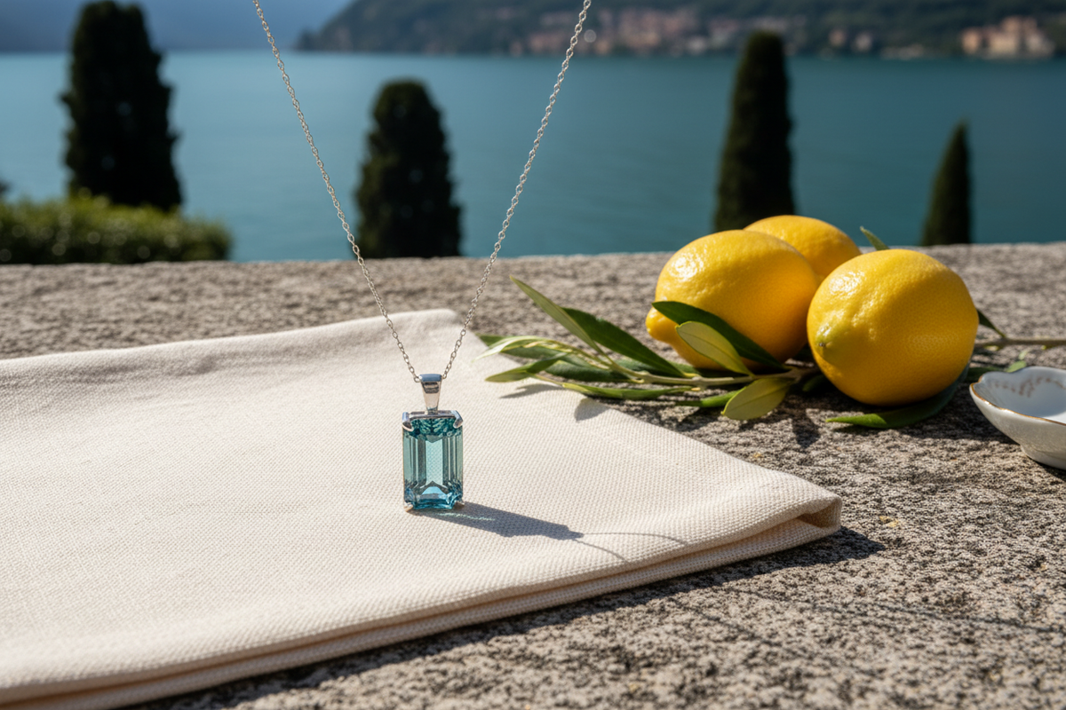 Pendant resting on cream linen on a lemon terrace