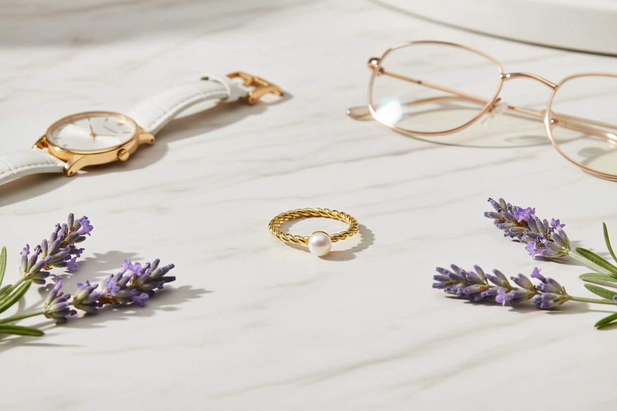 Twisted gold pearl ring - marble, watch, glasses, lavender