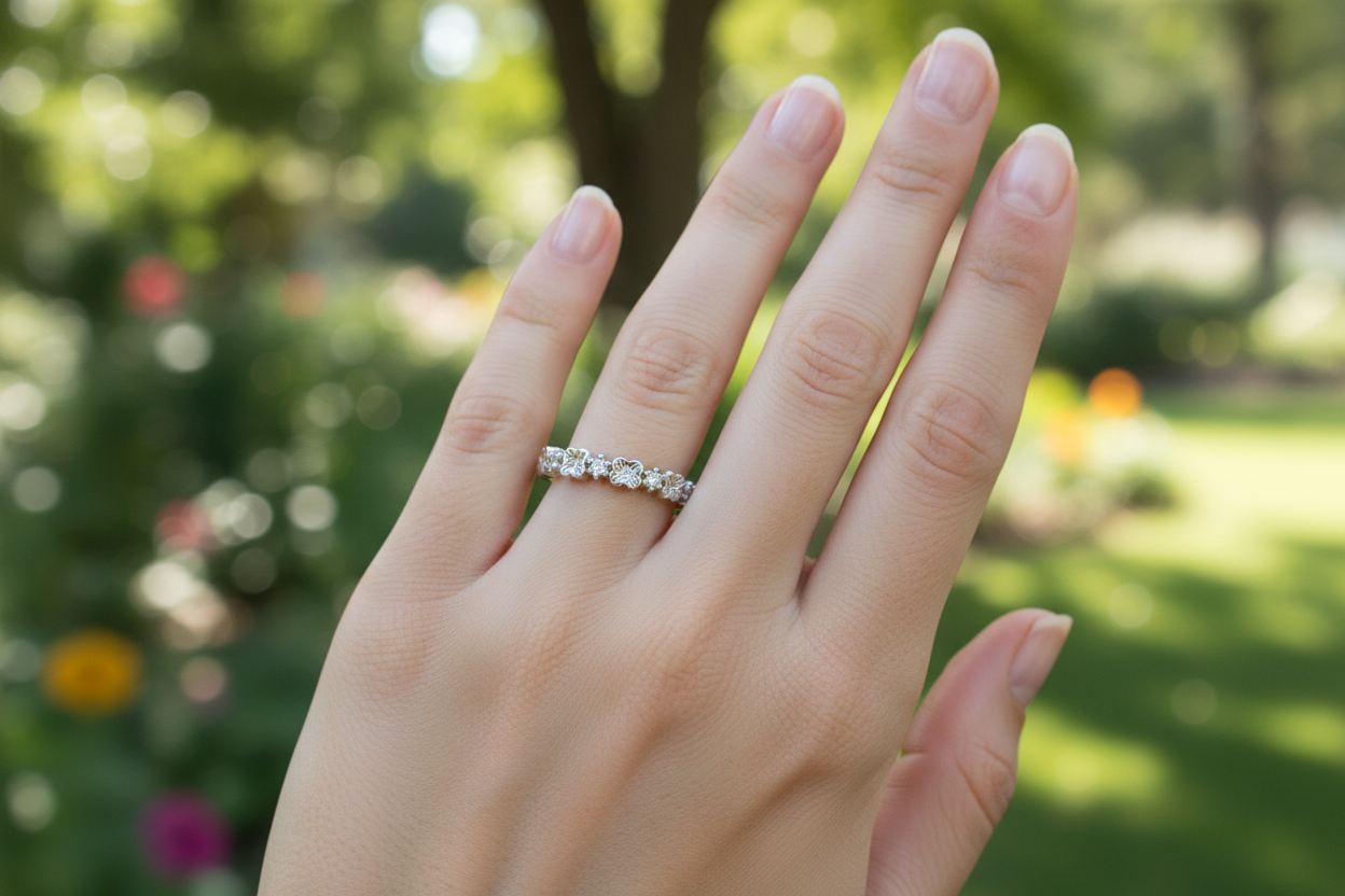 1mm floral band ring worn - hand, outdoor, natural sunlight