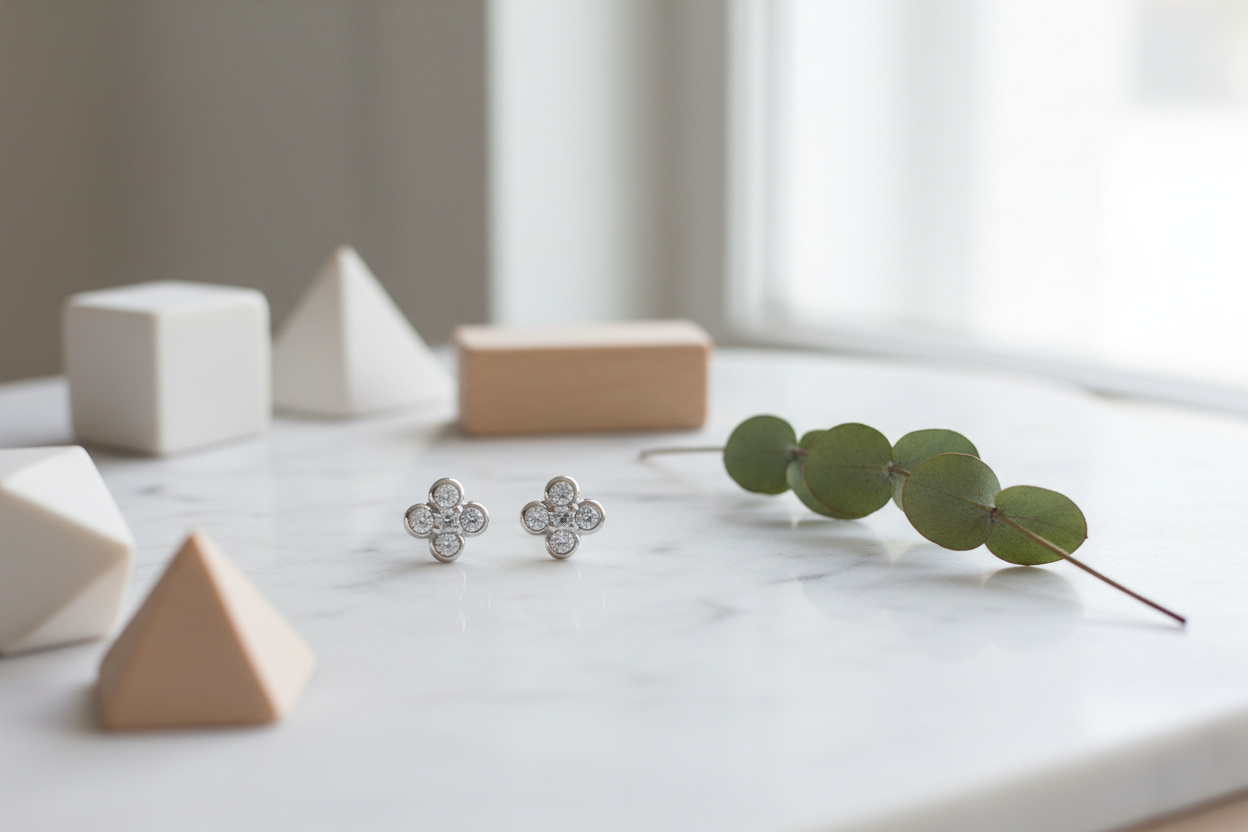 6mm silver clover earrings - minimalist modern: marble, geometric, eucalyptus