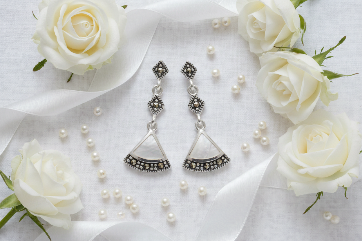 Art Deco marcasite pearl earrings top-down flat - elegant bridal: silk, pearls, roses