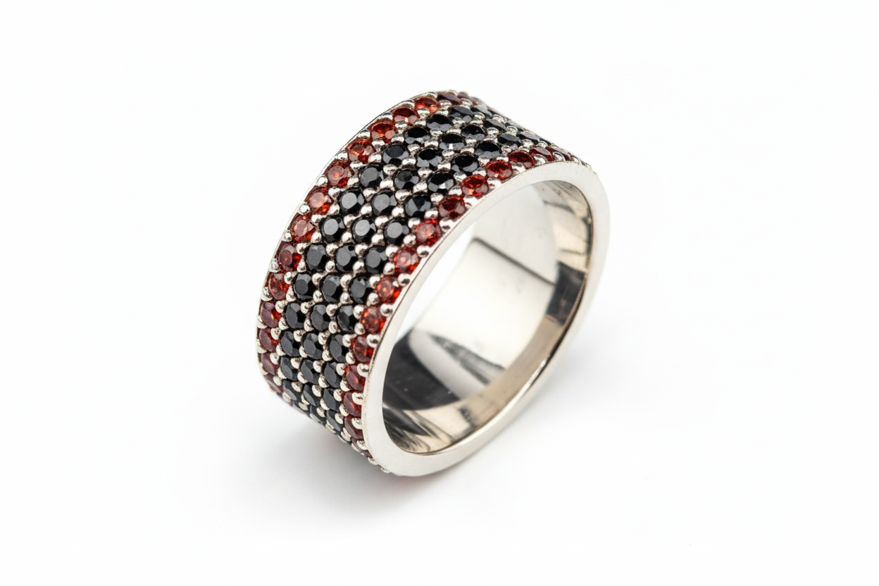 Black and red pavé ring - another perspective, white background 3:2