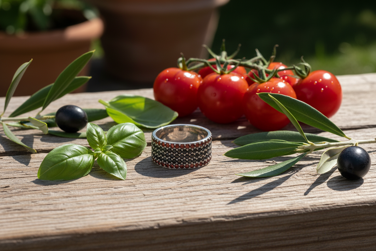 Black and red pavé ring - Italian garden: basil, cherry tomatoes, olive branches, outdoor light