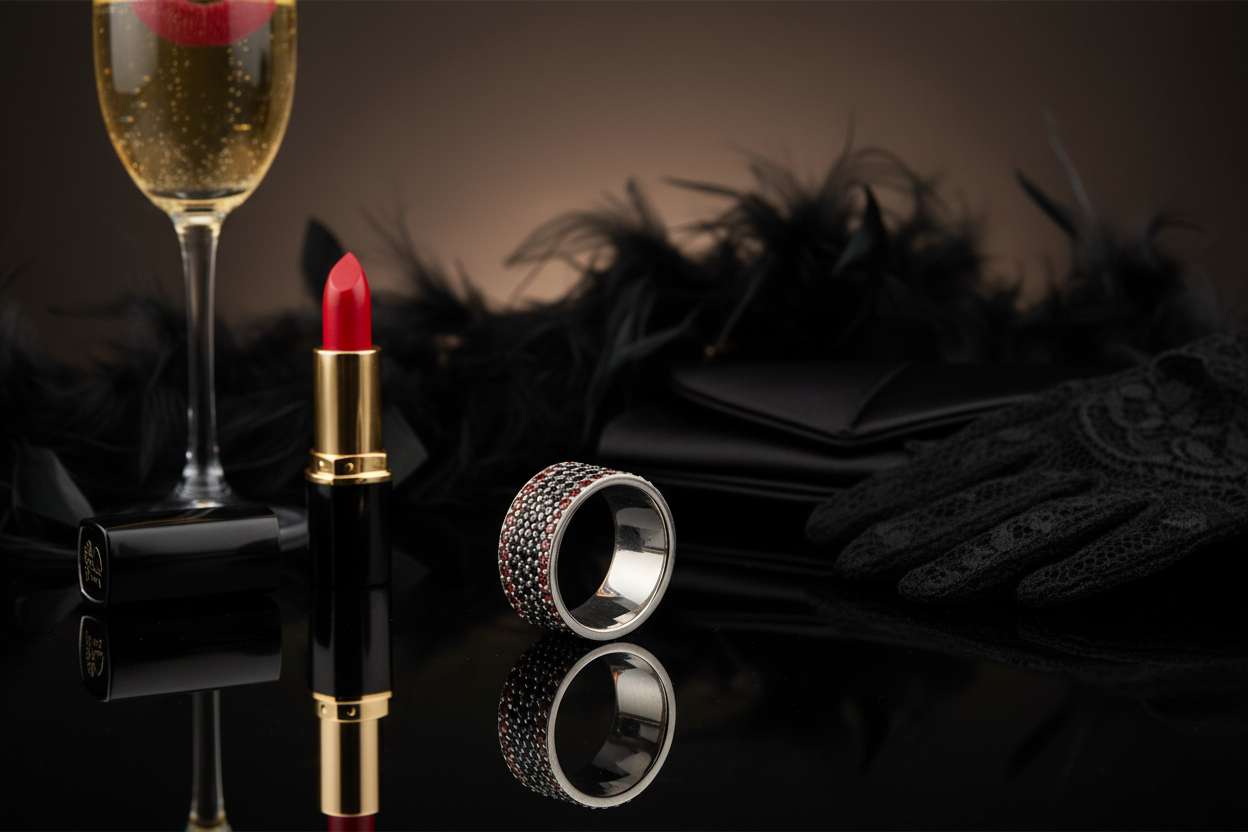 Black and red pavé ring perspective - glamorous evening: red lipstick, champagne, black accessories, romantic light