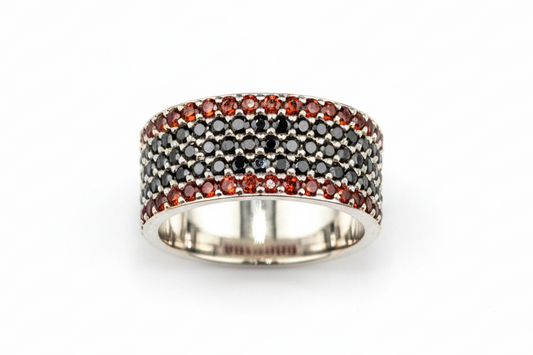 Black and red pavé ring - top-down view, white background 3:2
