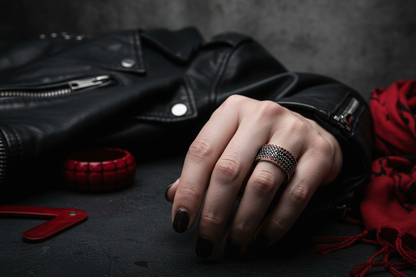 Black and red pavé ring worn - urban edgy: black leather jacket, red accessories, moody light