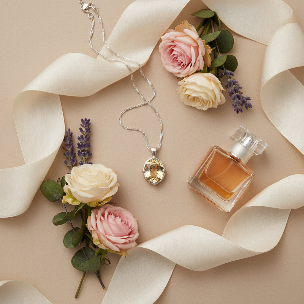 Citrine pendant with flowers, silk ribbon and perfume bottle