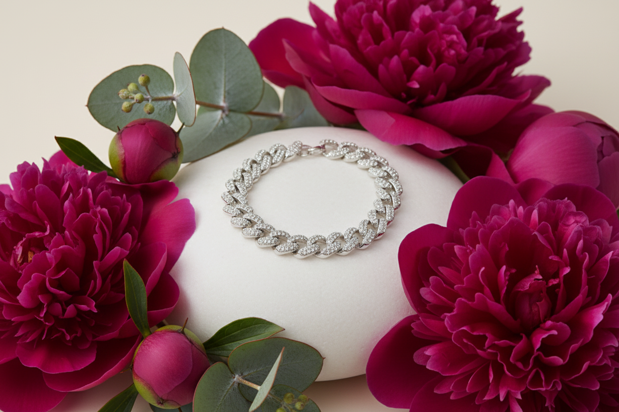 Crystal bracelet with magenta peonies