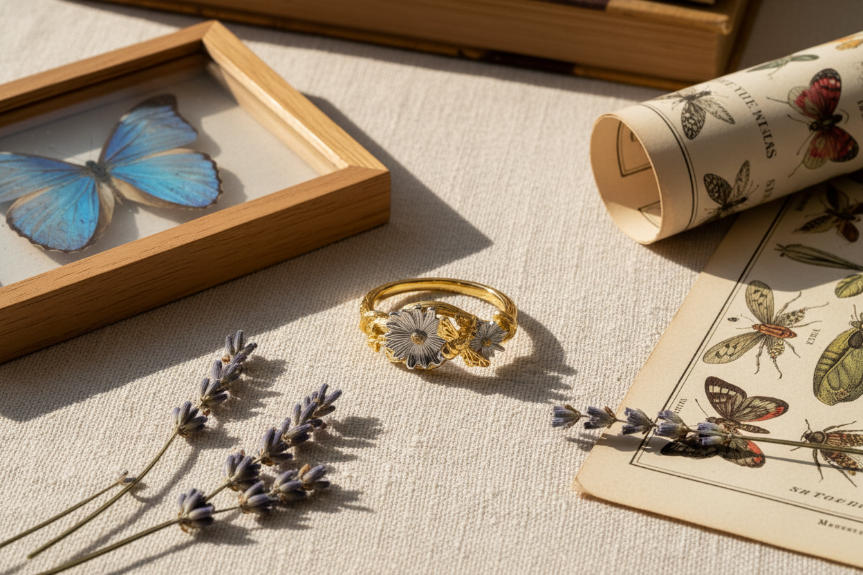 Floral butterfly ring - lavender, butterfly frame, botanical illustrations