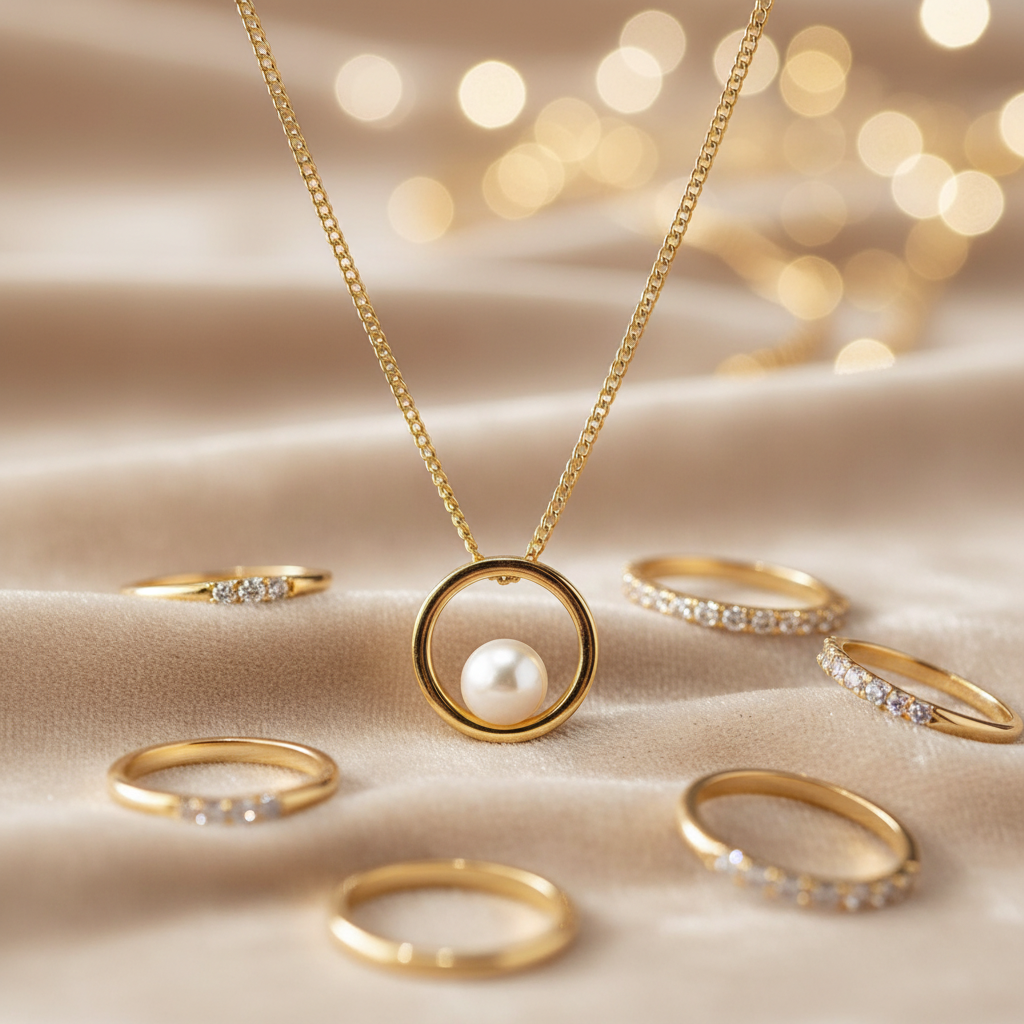 Gold pearl pendant on champagne velvet