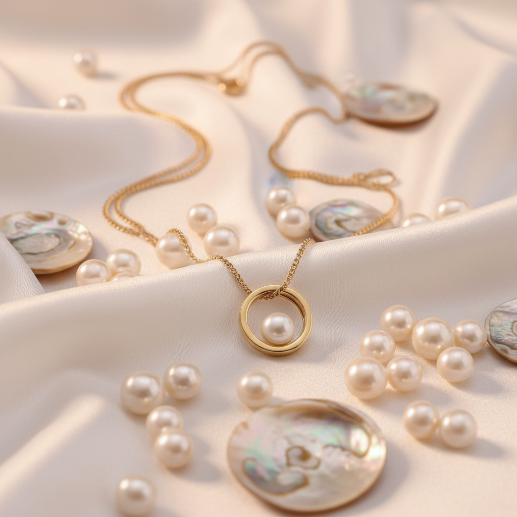 Gold pearl pendant with scattered pearls