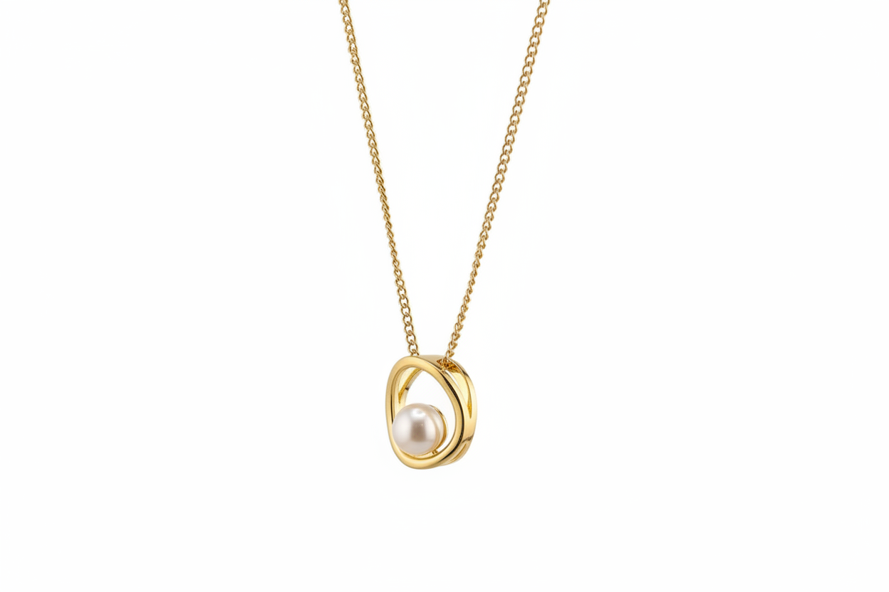 Gold pearl pendant with straight chain - white background