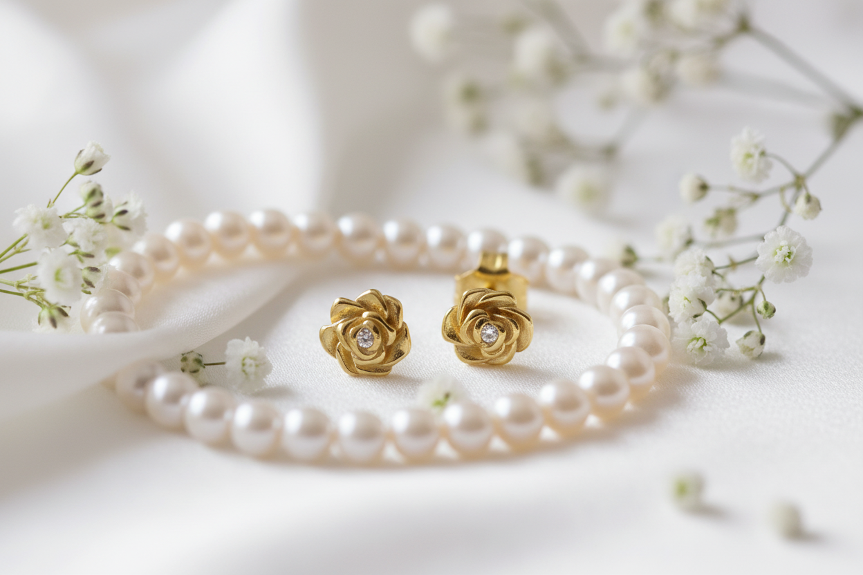 Gold rose earrings - elegant bridal: silk ribbon, pearls, baby's breath