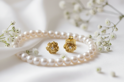 Gold rose earrings - elegant bridal: silk ribbon, pearls, baby's breath