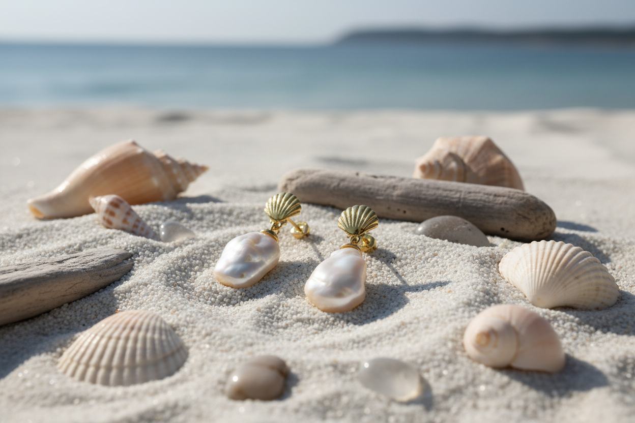 Gold shell baroque pearl earrings - coastal luxury: sand, seashells, driftwood, beach light