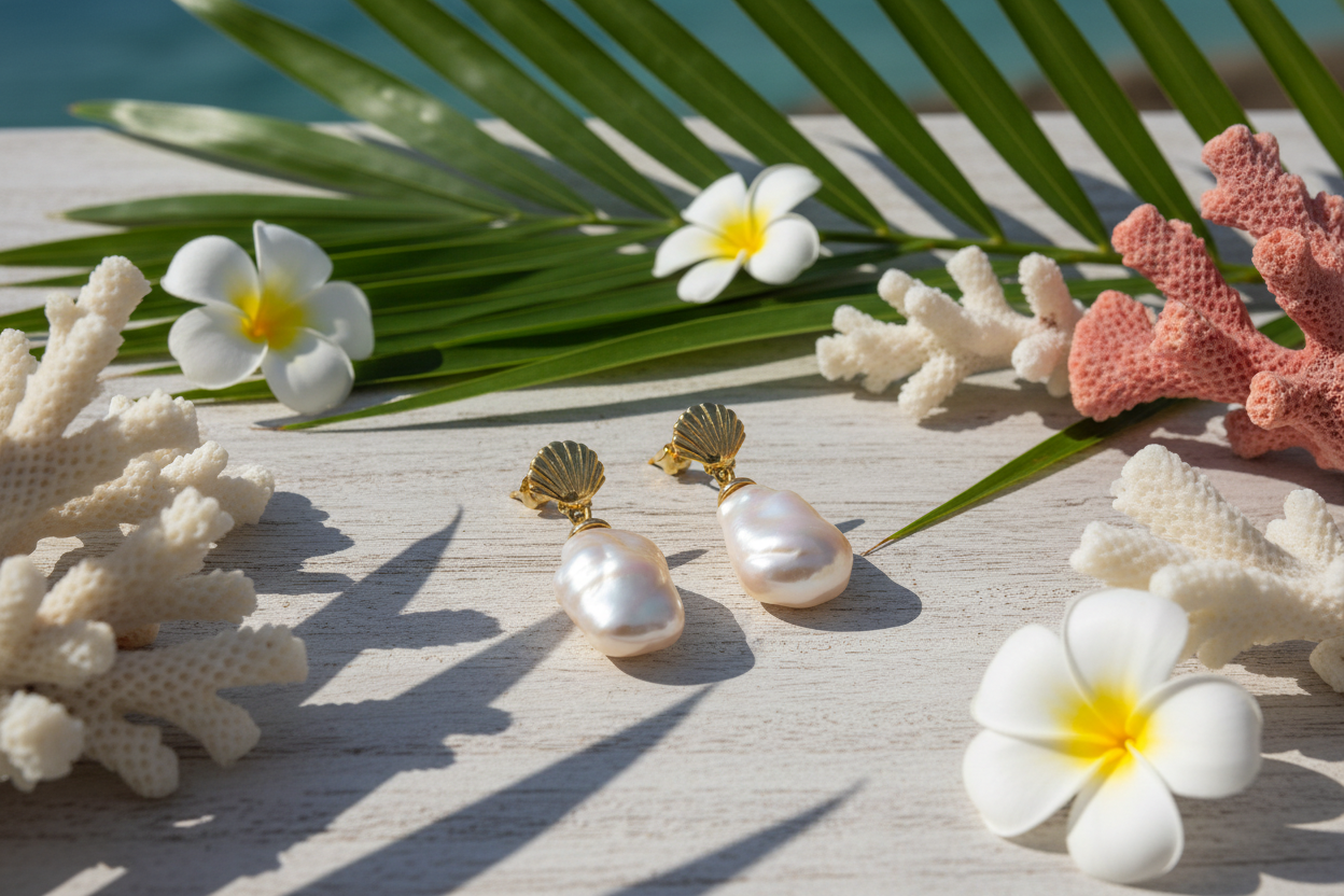 Gold shell baroque pearl earrings - tropical paradise: palm leaves, white flowers, coral, sunlight