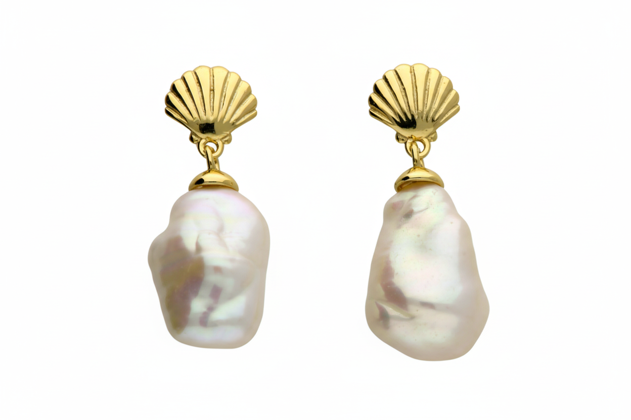 Gold shell baroque pearl earrings - white background 3:2