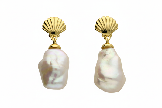 Gold shell baroque pearl earrings - white background 3:2