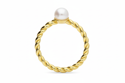 Gold twisted ring with pearl - standing front view with angled pearl 3:2