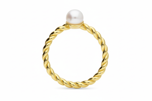 Gold twisted ring with pearl - standing front view with angled pearl 3:2