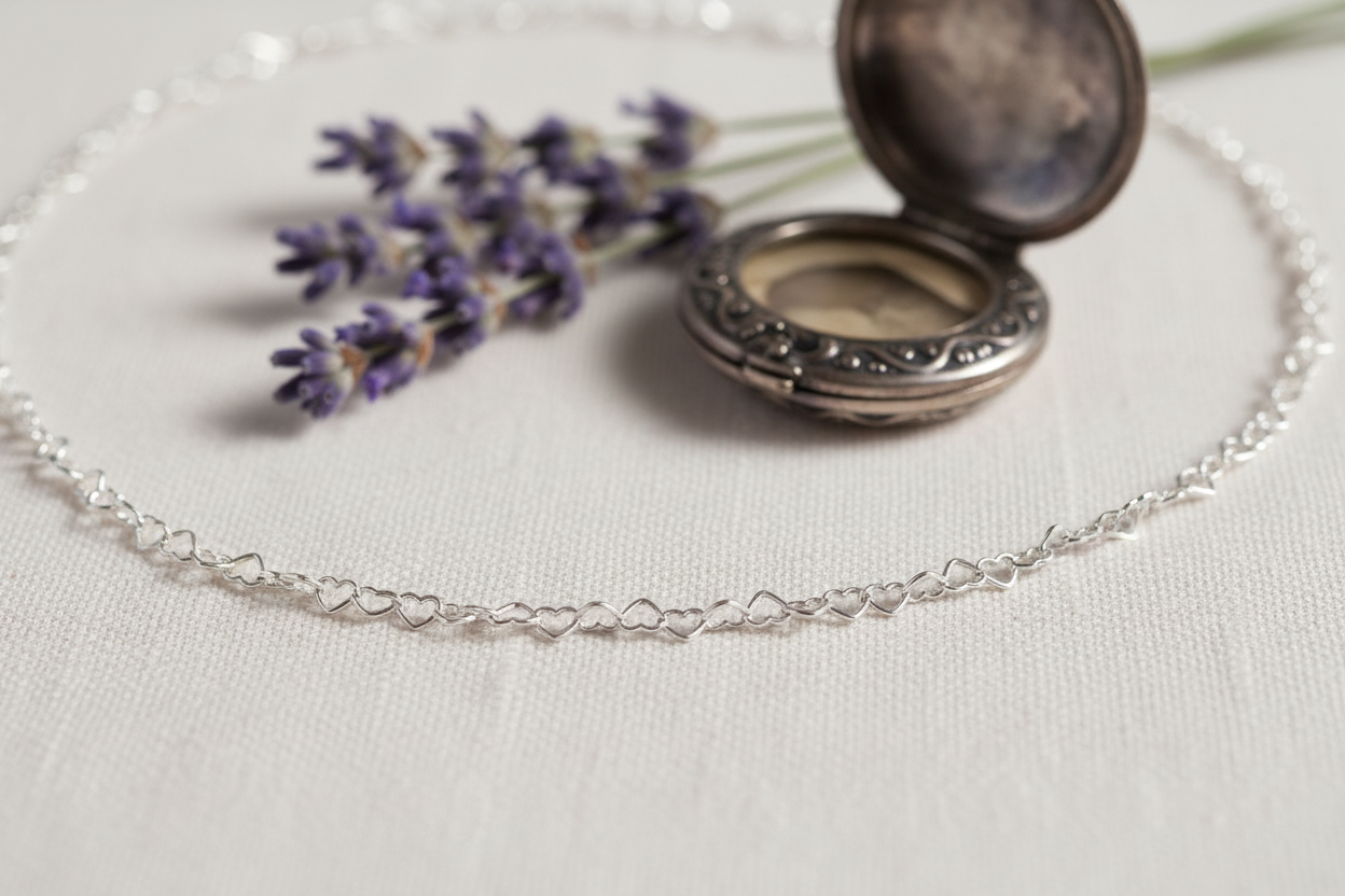 Heart-link detail with lavender, vintage locket, linen