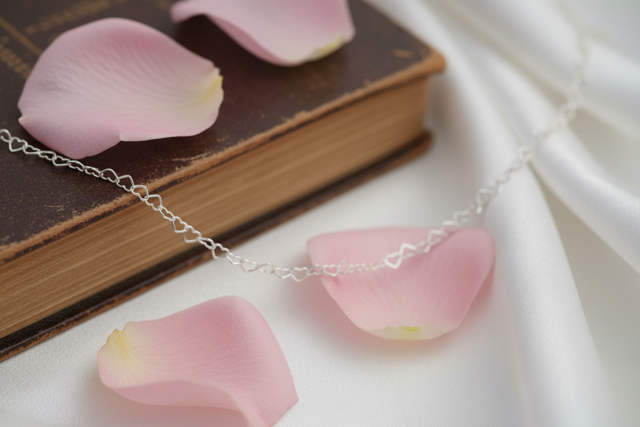 Heart-link detail with rose petals, book, silk