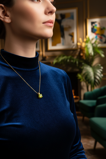 Model wearing necklace in elegant interior