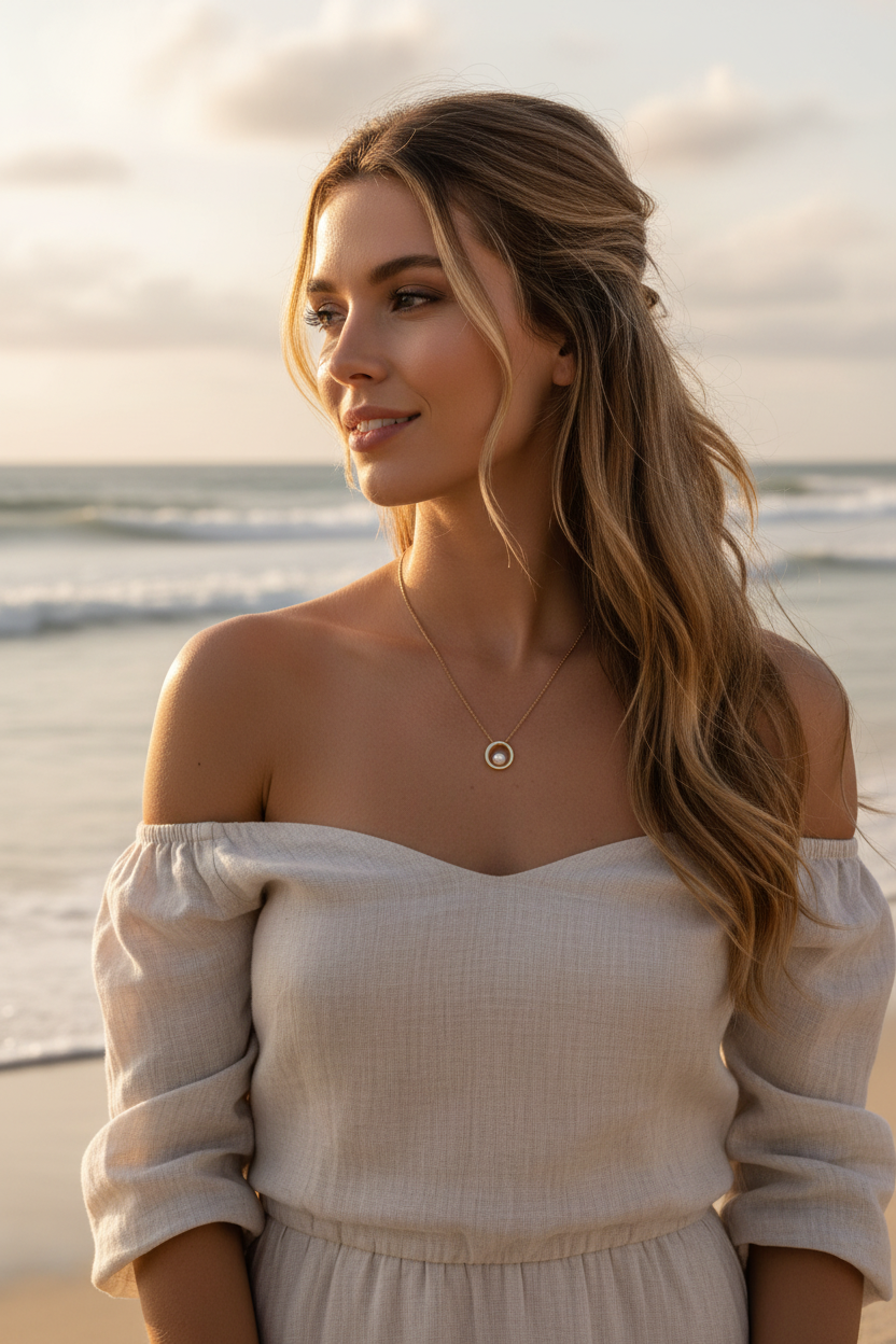 Model with tiny gold pearl pendant at beach