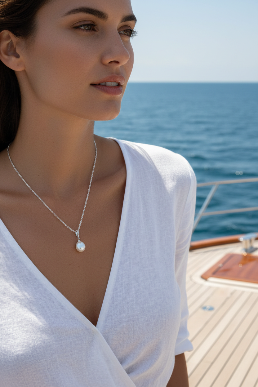 Model with tiny pearl pendant on yacht