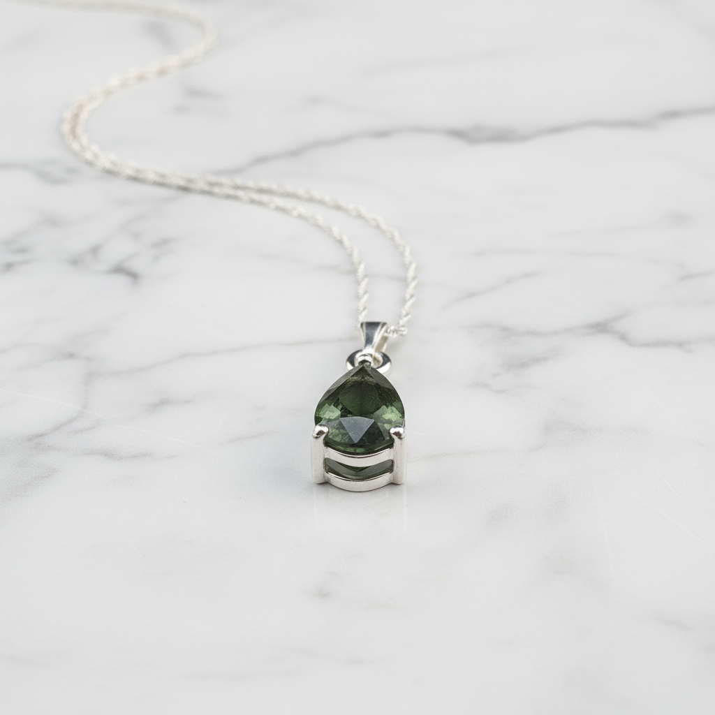 Moldavite pendant detail on white marble