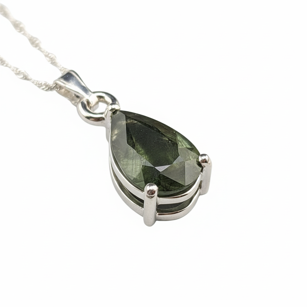 Moldavite pendant detail with white background