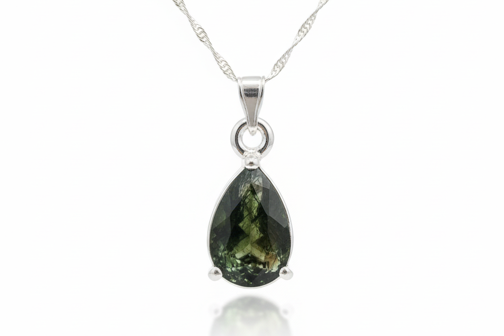 Moldavite pendant front view on white background