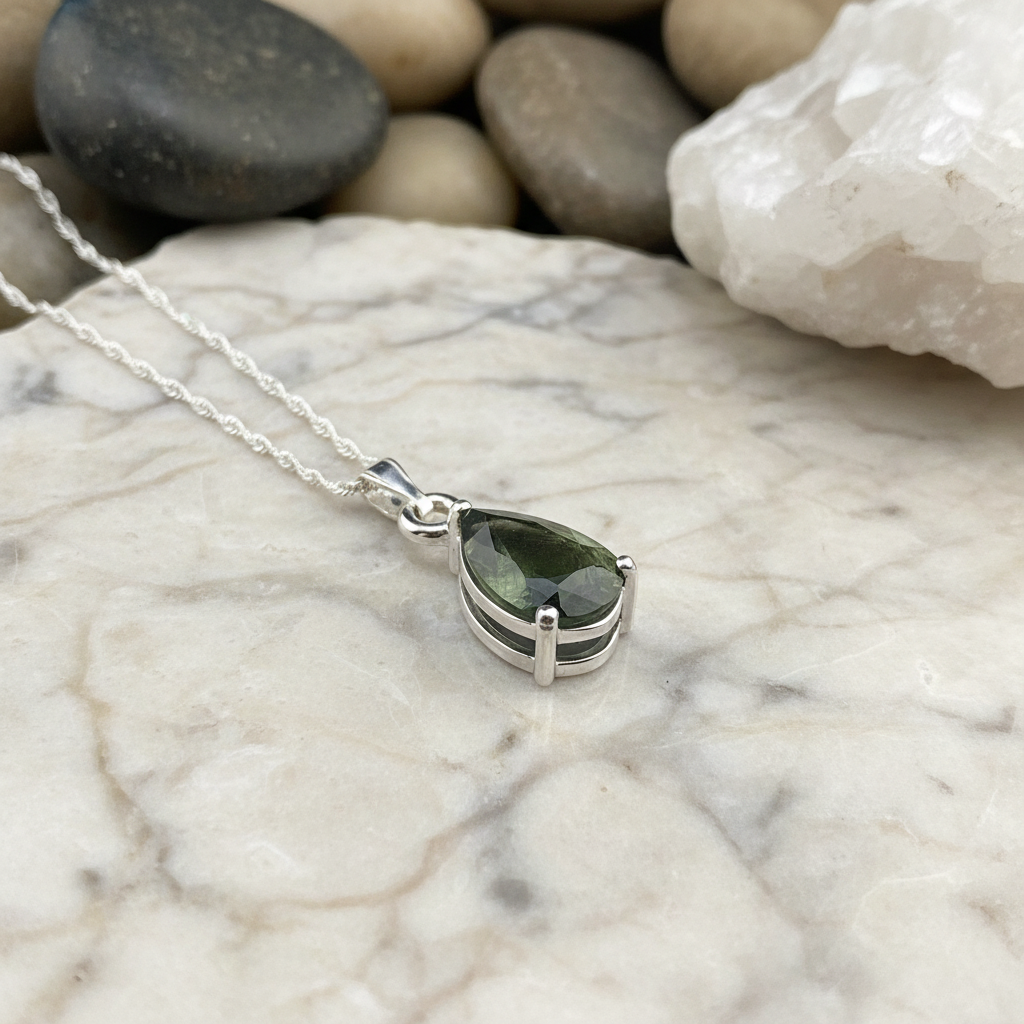 Moldavite pendant with marble background