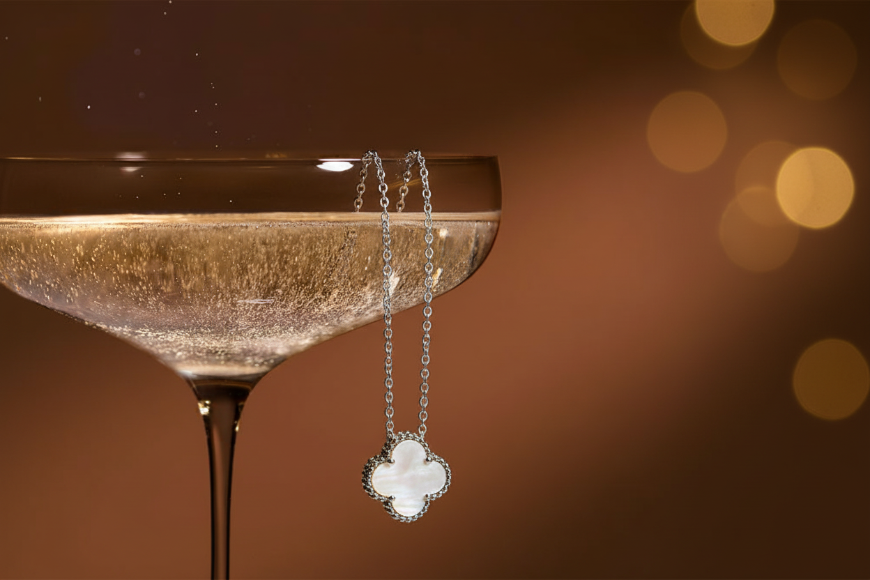 Mother-of-pearl clover pendant with champagne glass