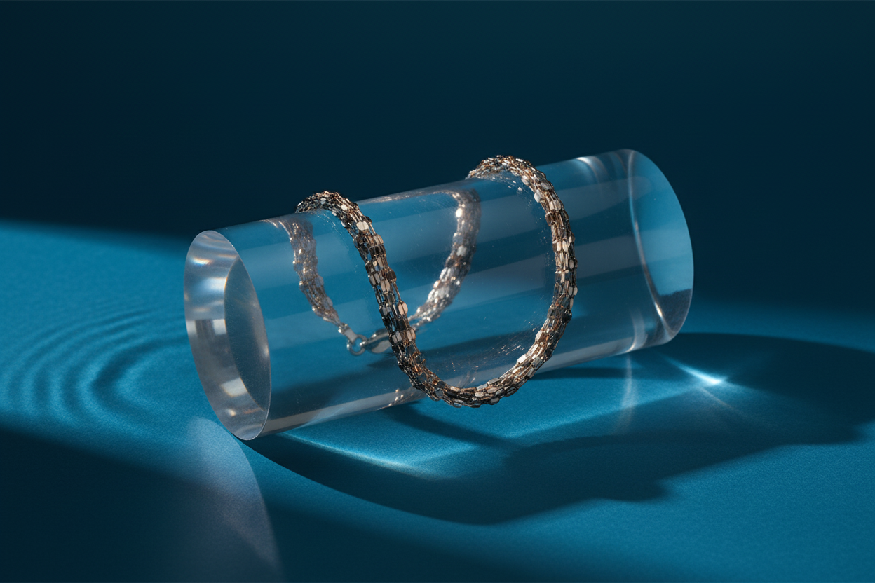 Multi-strand bracelet on glass cylinder - teal background