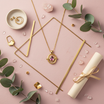 Necklace flat lay with botanicals