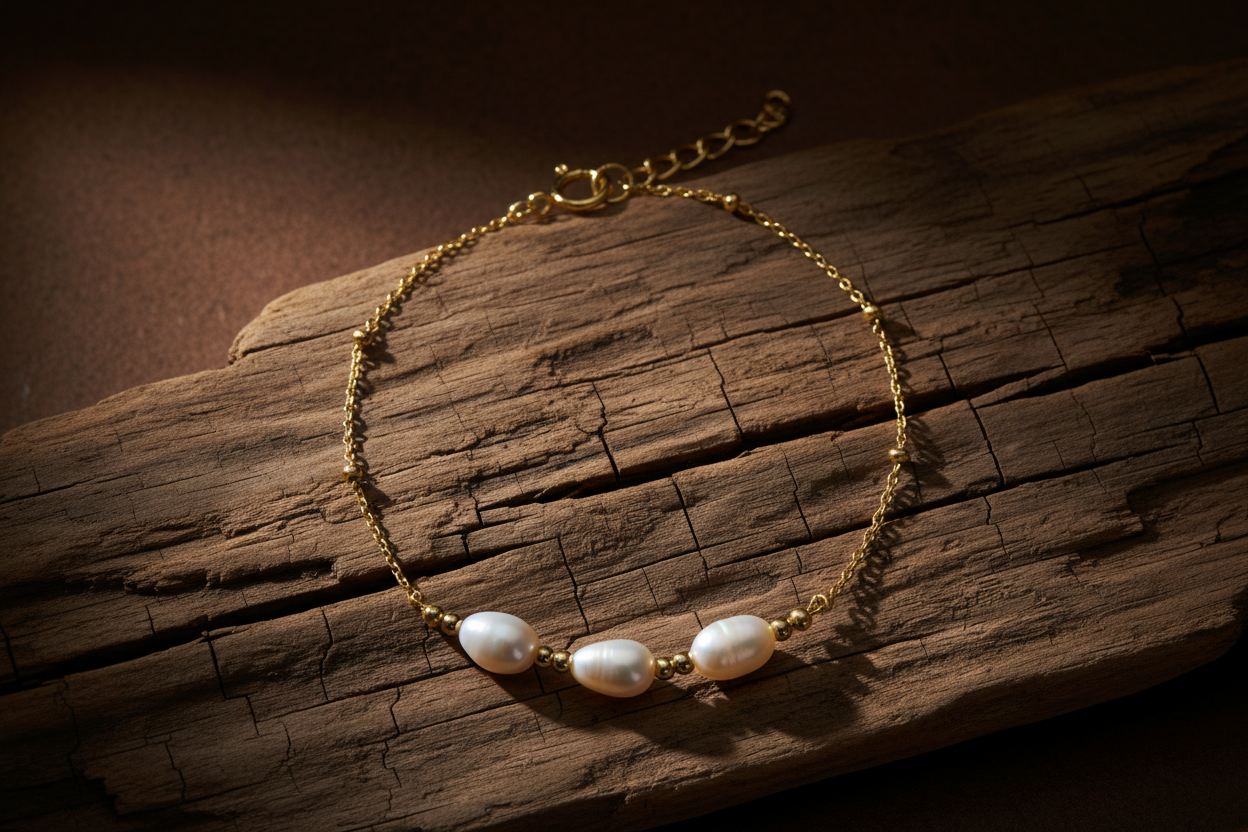 Pearl bracelet on weathered wood - correct design