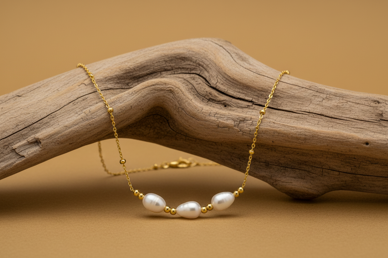 Pearl necklace on driftwood - golden background