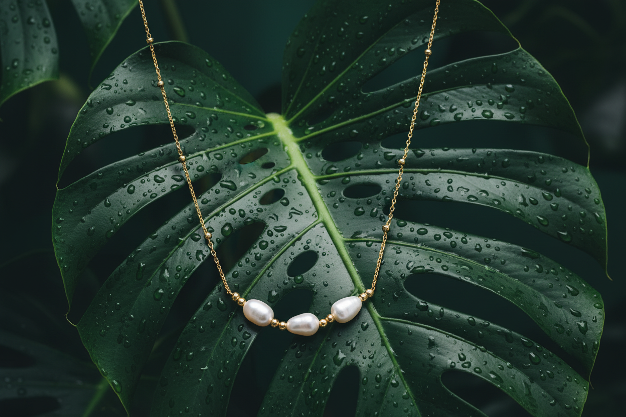 Pearl necklace on monstera leaves