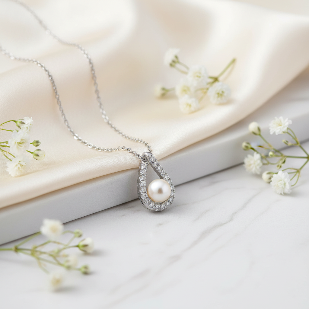 Pearl pendant on marble with flowers