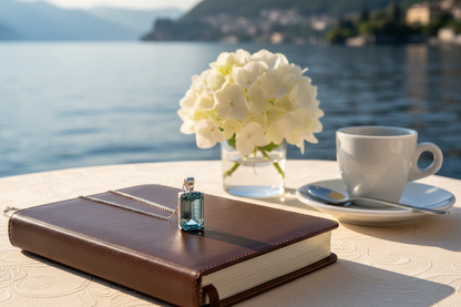 Pendant resting on a leather journal beside breakfast
