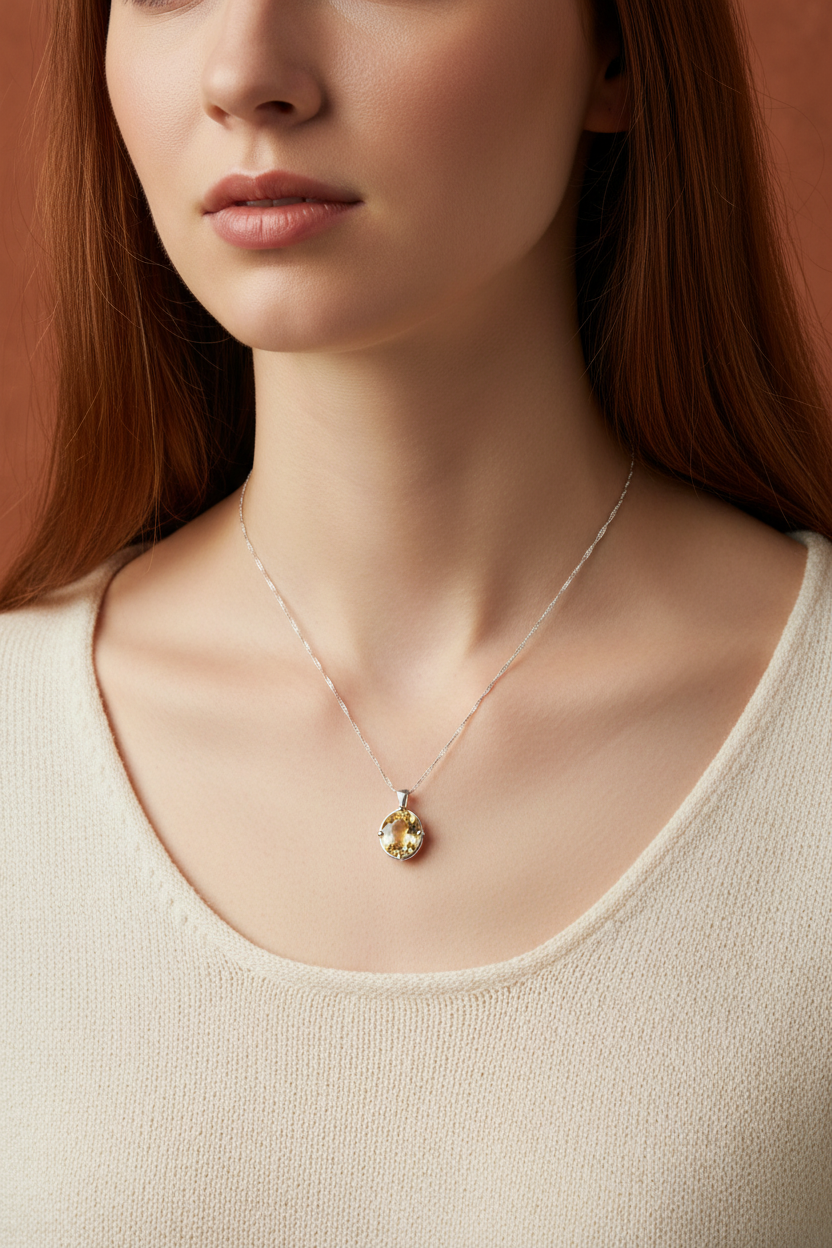 Red hair woman with small pendant - terracotta background