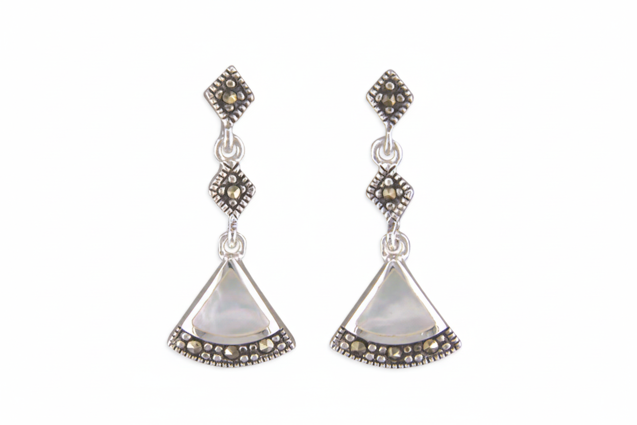 Silver Art Deco marcasite and mother-of-pearl drop earrings - zoomed out 30%, 3:2