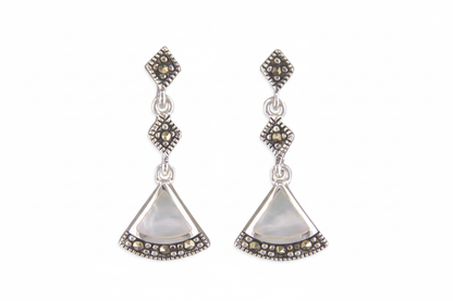 Silver Art Deco marcasite and mother-of-pearl drop earrings - zoomed out 30%, 3:2