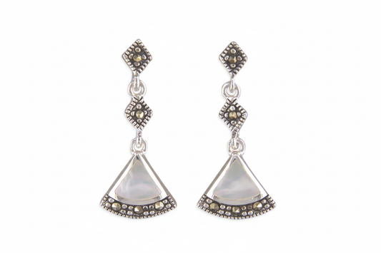Silver Art Deco marcasite and mother-of-pearl drop earrings - zoomed out 30%, 3:2