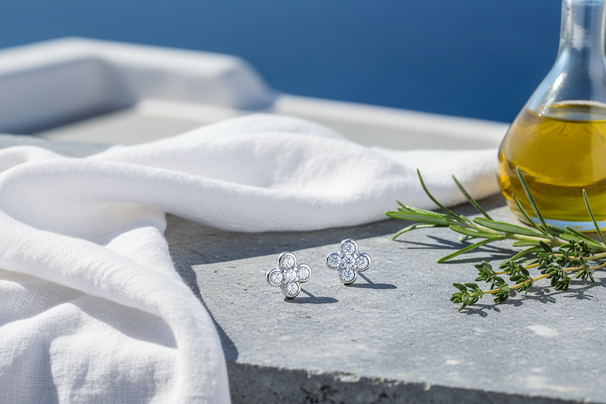 Silver clover earrings - Greek island: white linen, herbs, olive oil, bright sun
